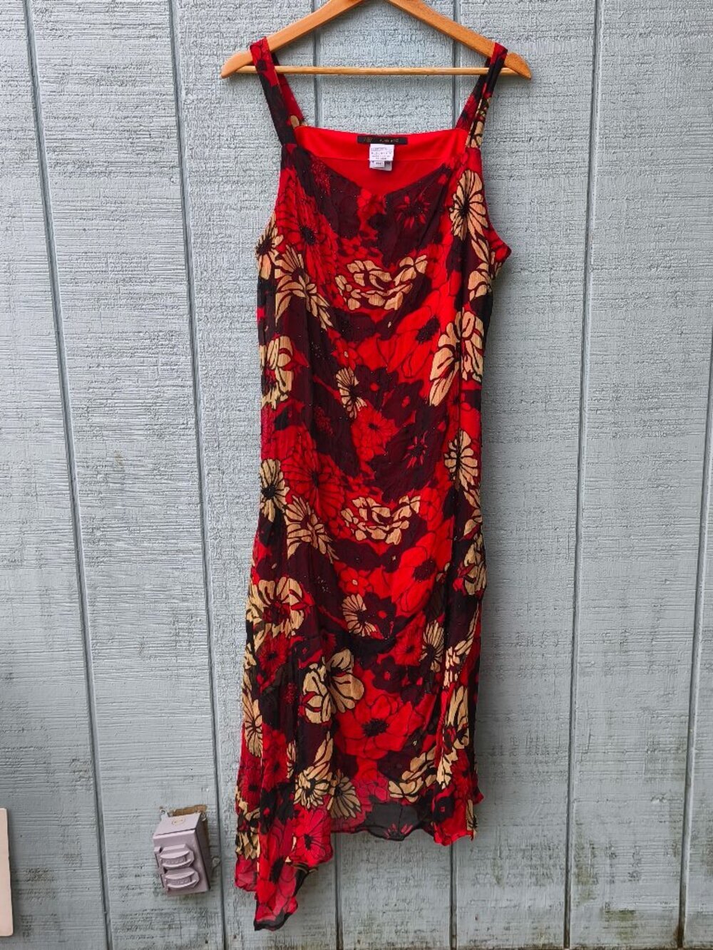 y2k Alain Weiz 100% Silk Floral Midi Dress sz 14 Black Red Whimsygoth Fairy